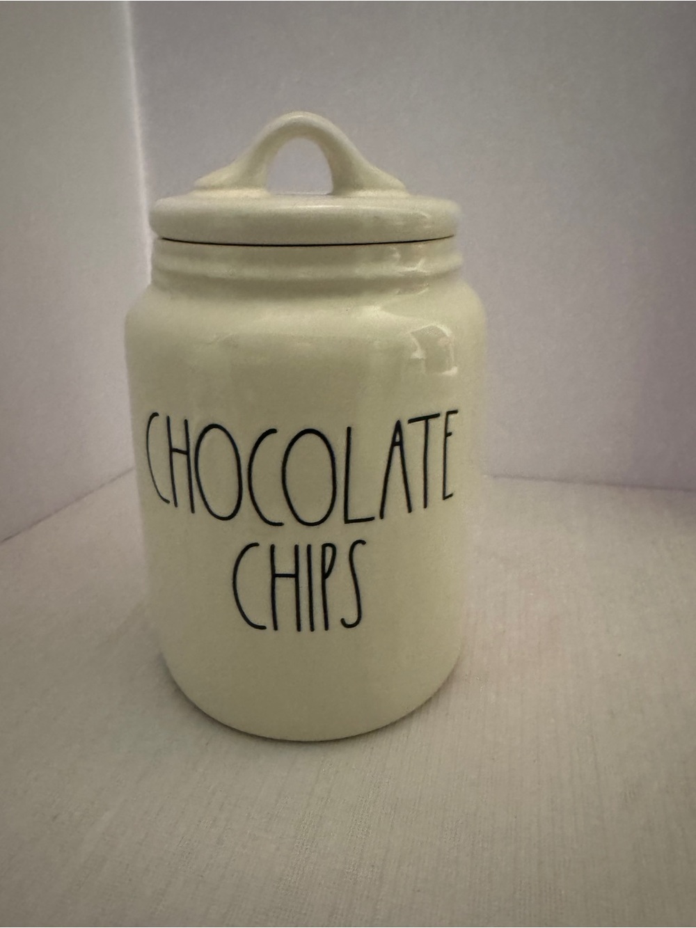 Rae Dunn "Chocolate Chip” White Ceramic Candy Jar Canister w/ Lid Farmhouse